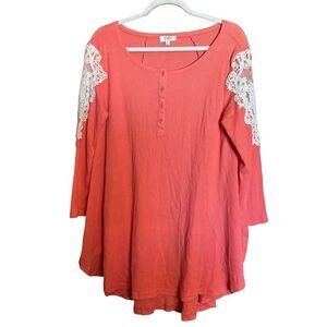 UMGEE Tunic Top Women Large Orange Crochet Sleeves Waffle Knit Round Neck Blouse